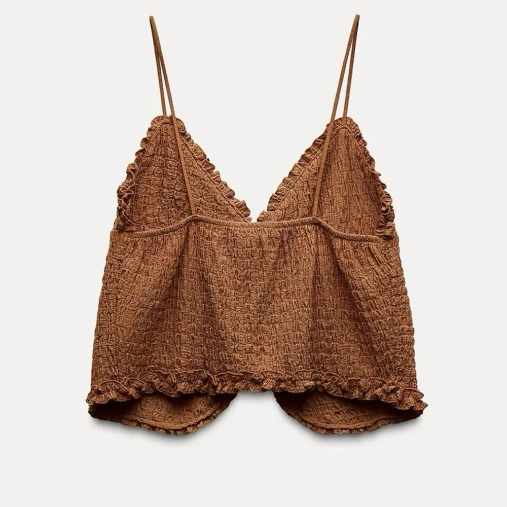 NWT Zara Ruffled Textured Tie Front Tank Top in Brown - M - Picture 4 of 8